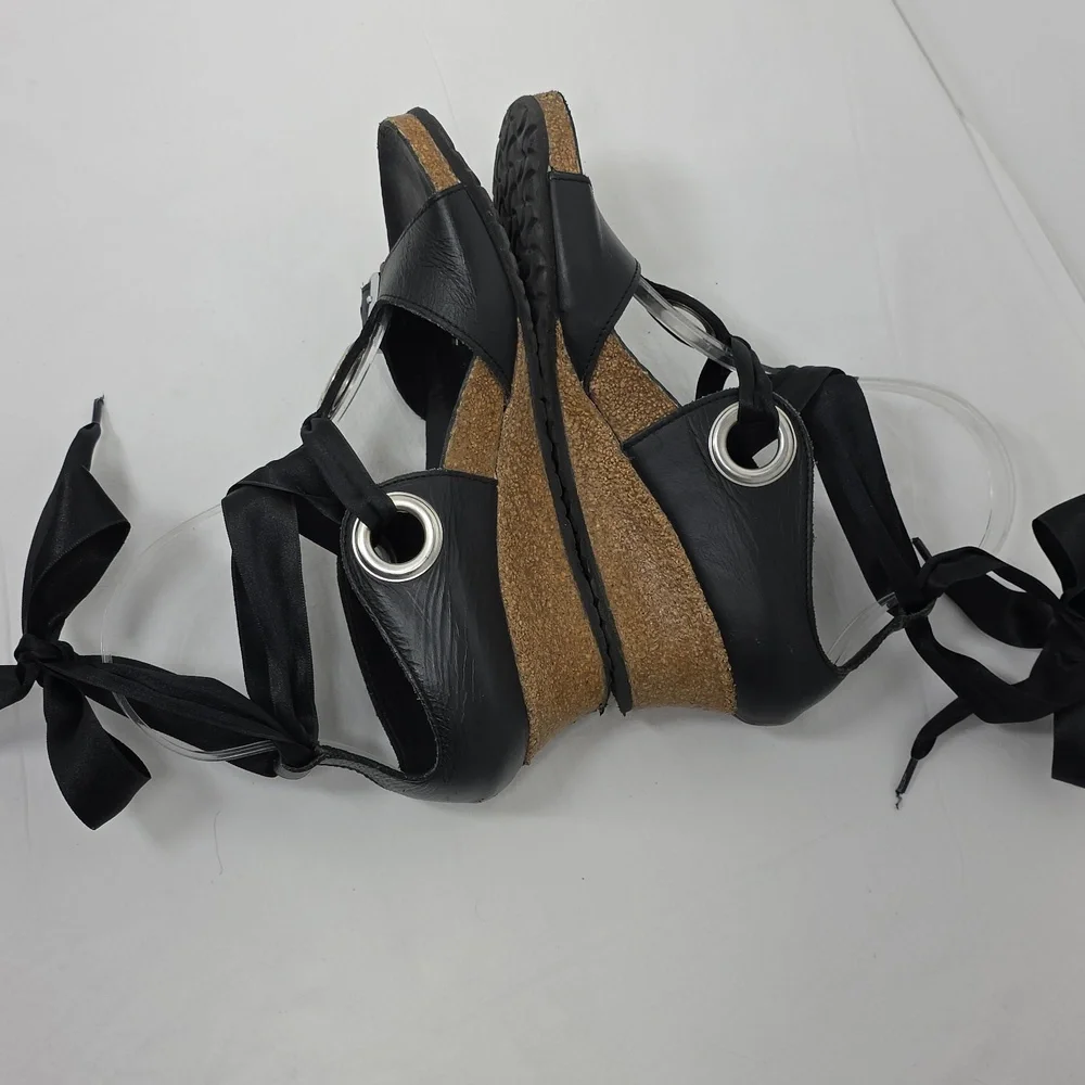 Papillio Birkenstock Black Emmy Leather Ankle Tie Strap Wedge Sandals Size 37‎